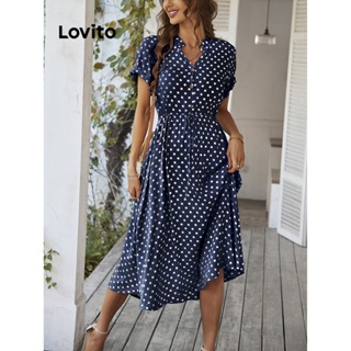 Lovito Vestido com Estampa De Bolinhas e Amarração Frontal para Mulheres LBE04150 (Azul Marinho)