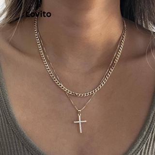 Lovito Colares Cruzados Punk De Strass Com Camada Dupla De Corrente Lisa Casual Para Mulheres LCS05132