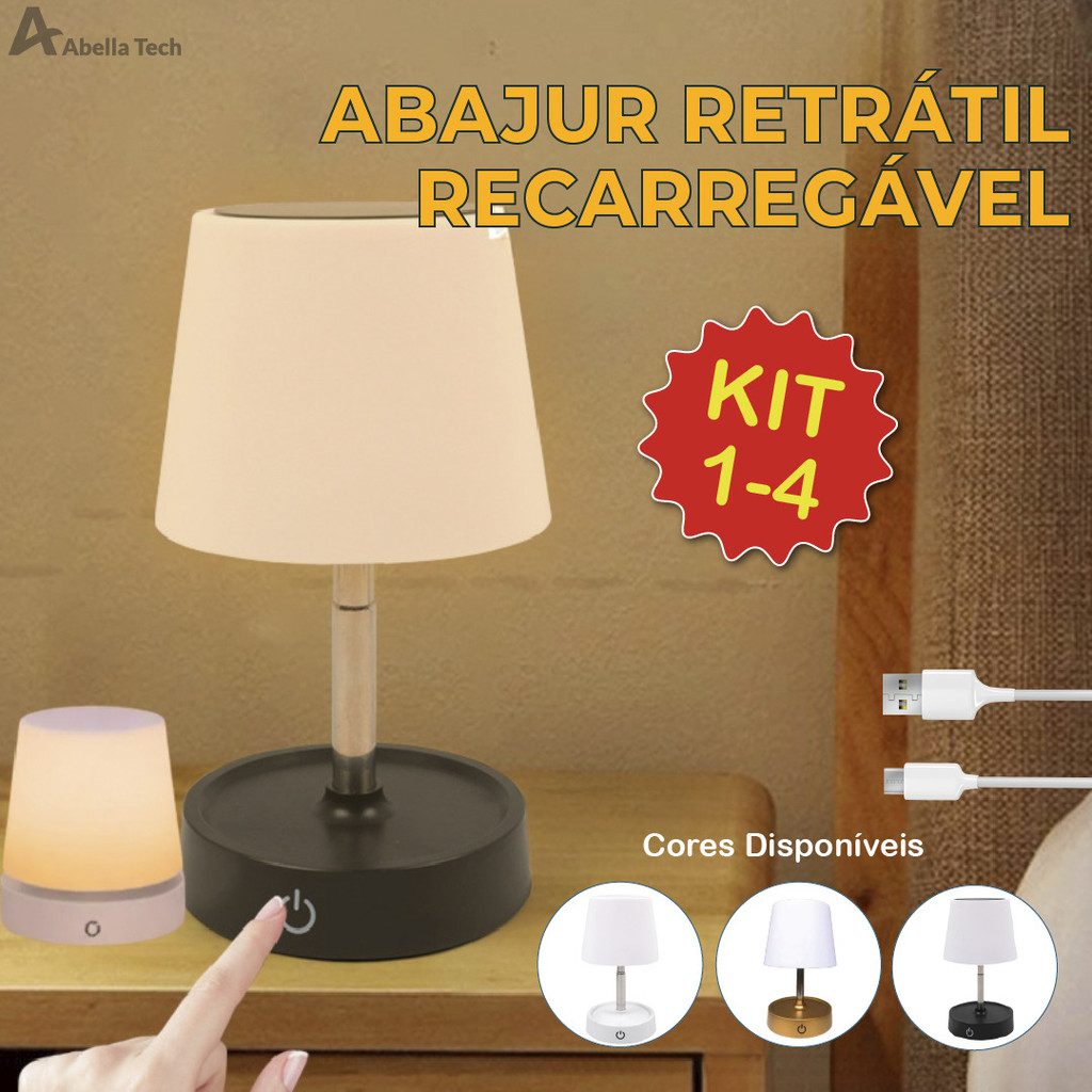 Kit 4 Abajur LED Recarregável Retrátil de Aço Luz Neutra Ajustável 3 Tons USB Sala/Escritório/Quarto