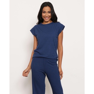Blusa Feminina Manga Japonesa Canelada Marinho