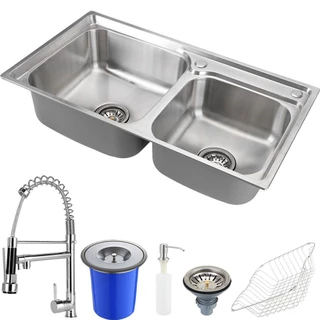 Cuba para cozinha pia dupla com acessórios e lixeira Ticunas e Torneira monocomando gourmet Munim Pingoo em Oferta na Shopee