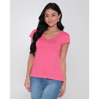Blusa Feminina Básica Decote V Rosa Médio