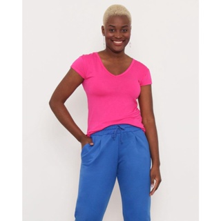 Blusa Feminina Básica Manga Curta Gola V Rosa