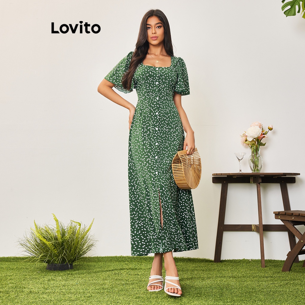 Lovito Vestido Casual Ditsy Floral Com Zíper Para Mulheres LBA05180 (Verde)