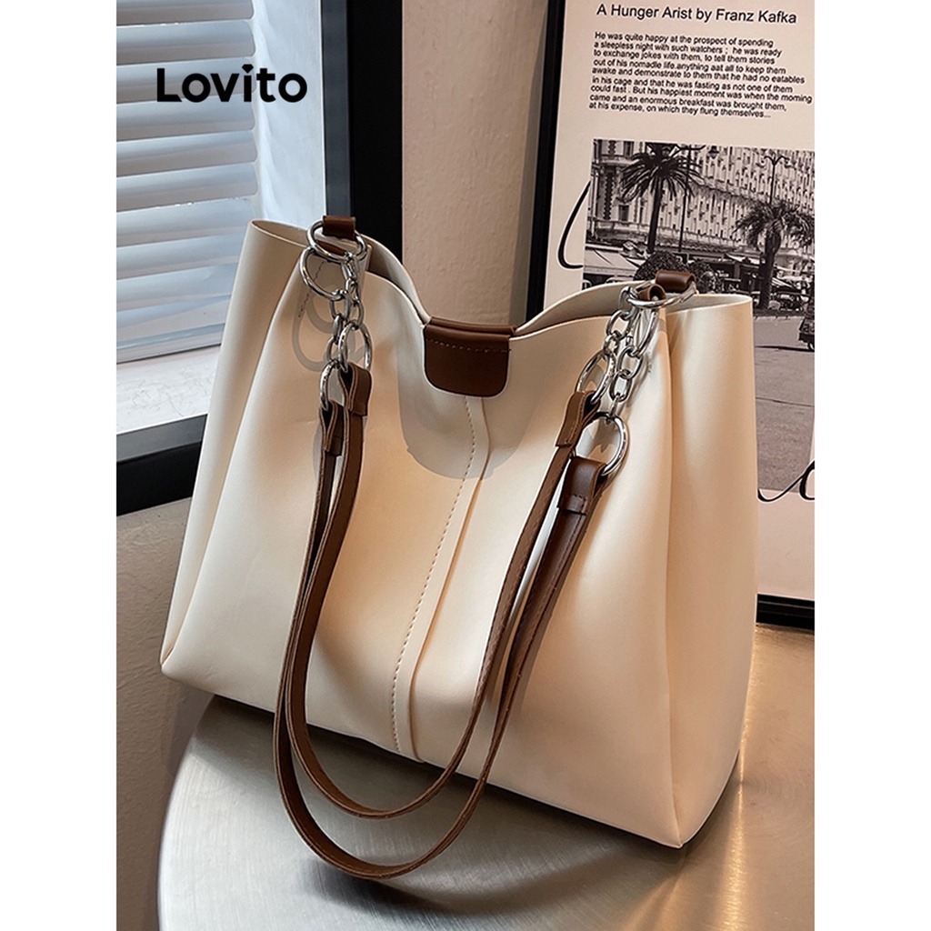 Lovito Bolsa De Ombro Texturizada Casual Simples De Alta Capacidade Para Deslocamento Diário Para Mulheres LFA04285 (Marrom/Branco/Preto)