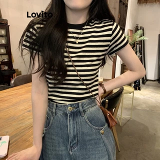 Lovito Camiseta com Listras e Blocos de Cores e Gola Redonda para Mulheres LNE17156 (Preta)