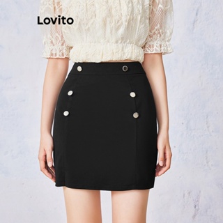 Lovito Saia com Duplo Botão Simples Casual para Mulheres LNE10062 (Preto)