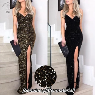 Vestido longo feminino com decote em v lantejoulas preto cinta de espaguete sem mangas bodycon alta fenda para clube/festa/noite