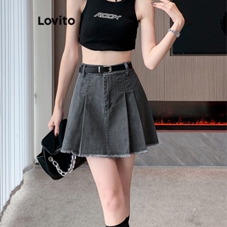 Lovito Saia Jeans Casual Com Botão E Zíper Liso Para Mulheres LNE31237 (Azul)
