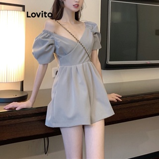 Lovito Macacão Casual Liso Assimétrico Plissado Com Babados Para Mulheres LNE41044