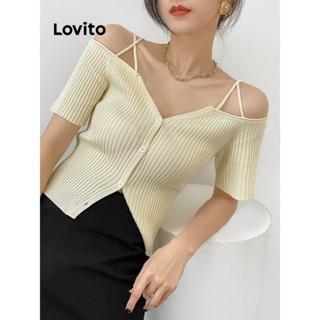 Lovito Top Casual De Malha Com Botão Liso Na Frente E Ombro Frio Para Mulheres LNE42092
