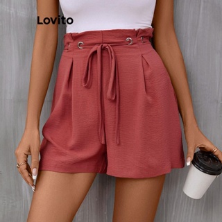 Lovito Shorts Casuais Lisos Plissados Com Renda E Alface Para Mulheres LNL42007