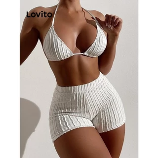 Lovito Casual Conjunto de Biquíni Feminino Liso de Amarrar com Costas Abertas LNL41040