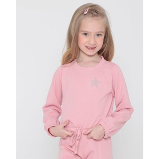 Blusa Infantil Manga Longa Com Strass Estrela Rosa Claro
