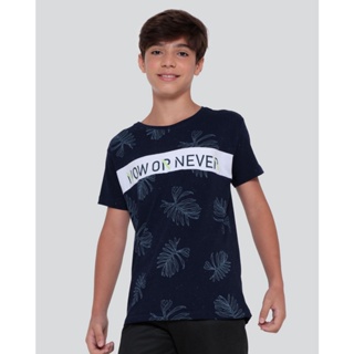 Camiseta Juvenil Botonê Estampa Folhagem Azul Marinho