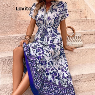 Lovito Vestido com Estampa Tribal e Detalhes de Renda para Mulheres LNE17095 (Azul)