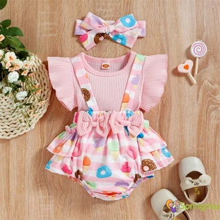 gdI-Baby Girls Summer Bowknot Patchwork Donut/Flower Rufle Romper Impresso Com Fita De Cabeça , 0-18 Meses