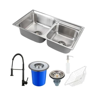 Cuba para Cozinha Aço Inox com Lixeira e Acessórios Ticunas e Torneira Monocomando Envira Pingoo - Preto em Oferta na Shopee