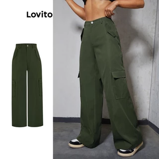 Lovito Casual Calça Feminina Lisa com Bolso LBA05032 (Verde Militar)
