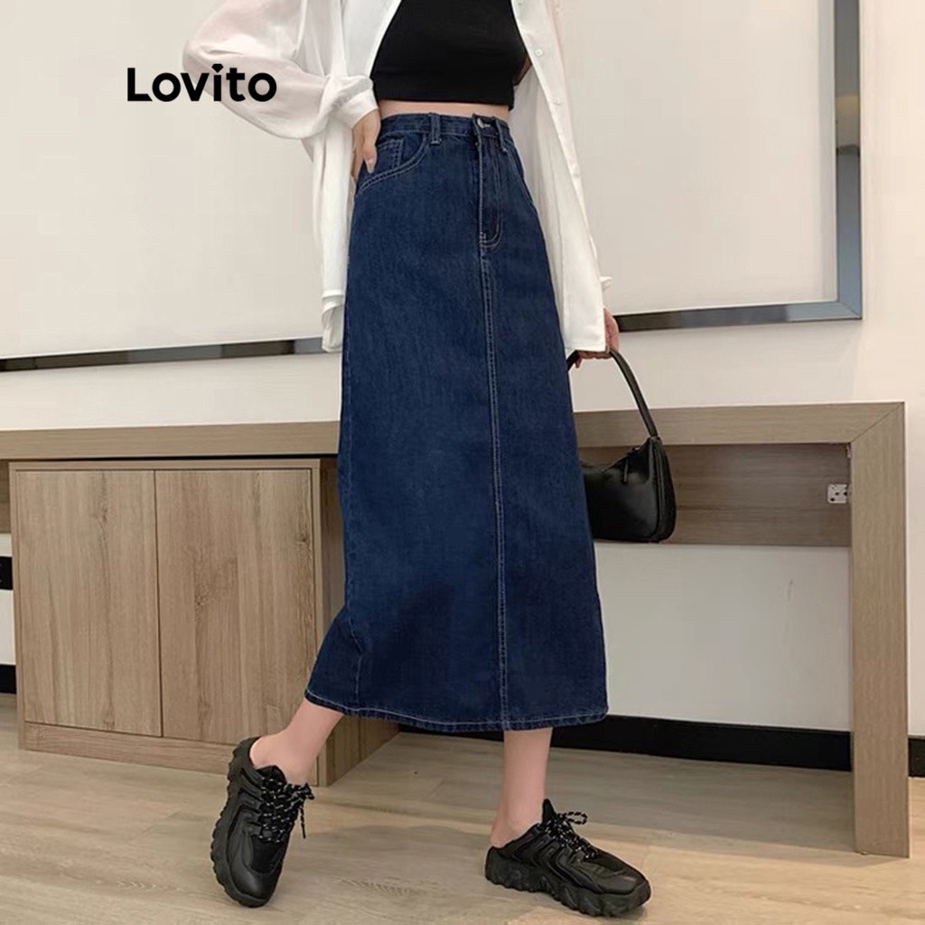 Lovito Saias Midi Jeans com Zíper e Fenda para Mulheres LNE09212 (Azul)