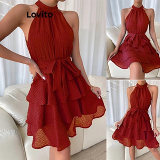 Lovito Casual Vestido Feminino Liso de Jacquard com Camada Dupla e Cinto LNE27045 (Vermelho)