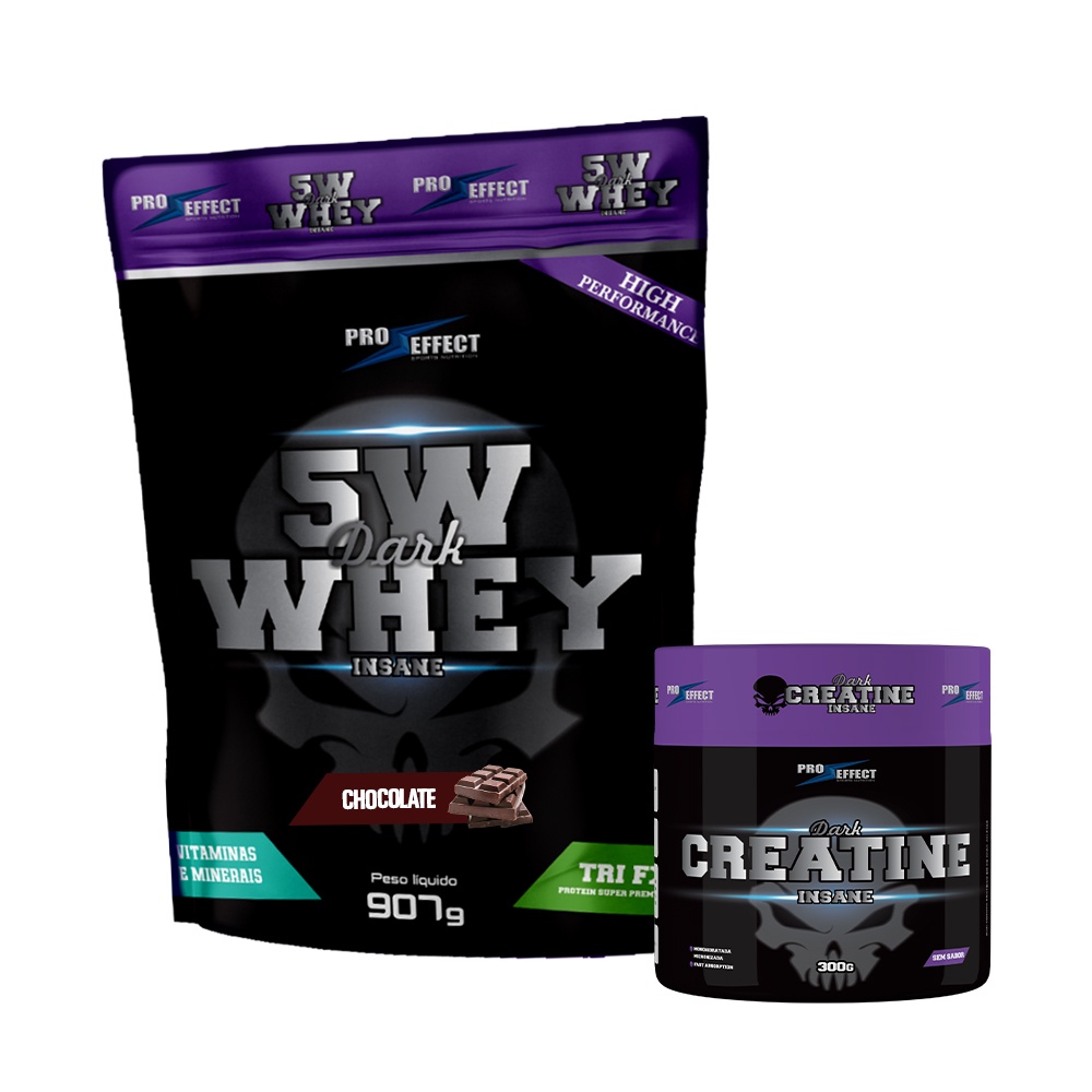 Kit Whey Protein 5W Dark Insane Suplemento 907g e Creatina