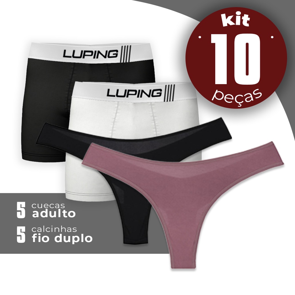 Kit Casal 5 Cuecas Masculinas Adulta Lisas + 5 Calcinhas Fio Duplo Feminina Adulta