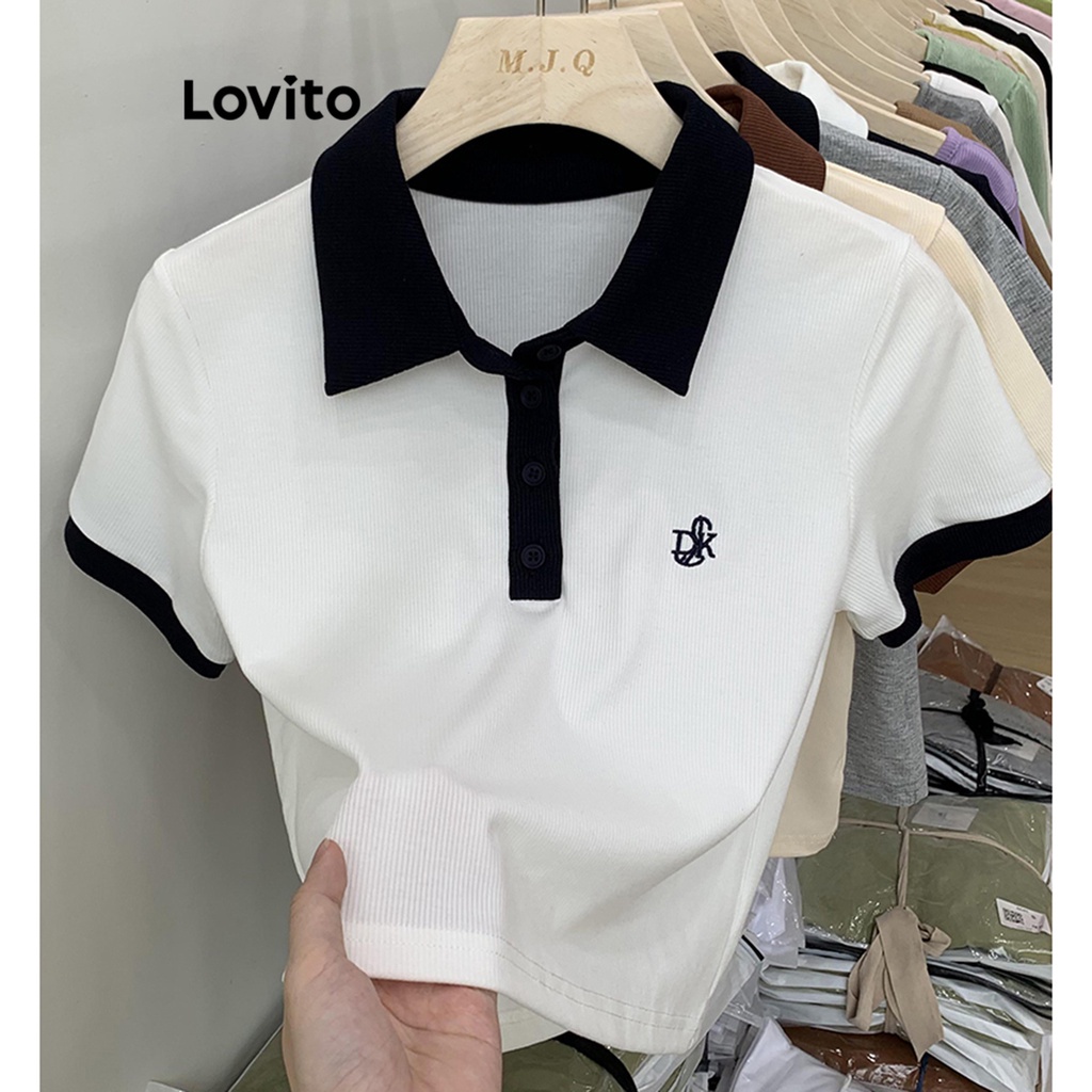 Lovito Casual Camiseta Feminina com Estampa de Texto Colorblock LNE31224 (Damasco/Branco/Azul Marinho)