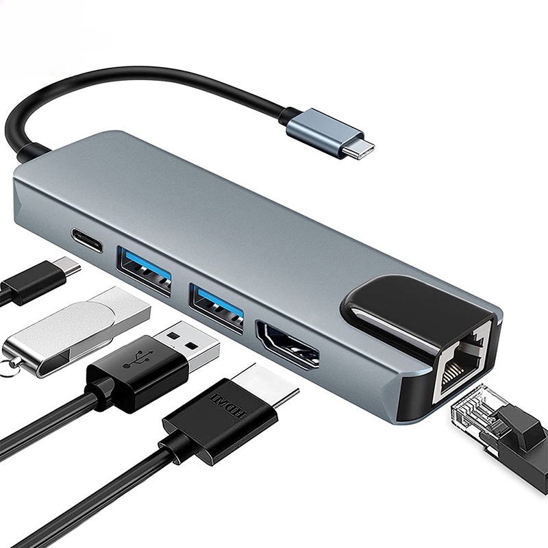 Conversor Tipo C Para Hdmi 4k Hub USB 5 Em 1 Adaptador-USB3.0 Rj45 Lan ...