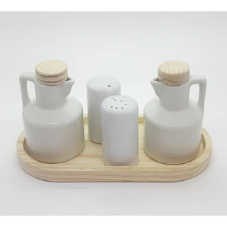 Kit Galheteiro 5 peças Azeite, Vinagre, Sal e Paliteiro - Porcelana e Pinus - Bandeja Oval