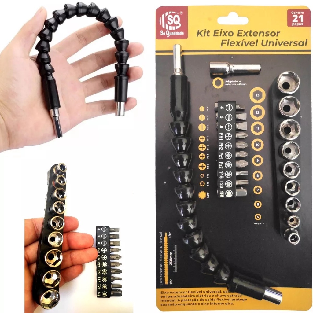 Kit Extensor Prolongador Flexível Parafusadeira Universal 250mm Bits Soquetes