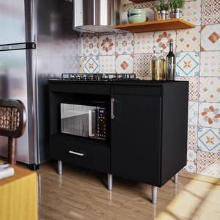 Balcão Para Cozinha Cooktop 1,05m 5 Bocas 1 Nicho Com 1 Porta E Gaveta Turim Preto - Lojas Movelove
