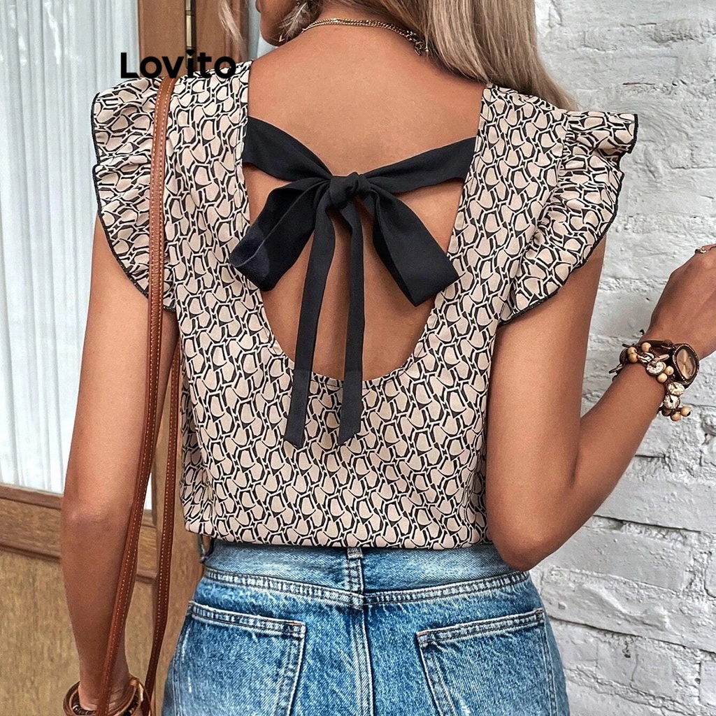 Lovito Blusa Elegante Xadrez Com Babado Nas Costas Para Mulheres LNL43198