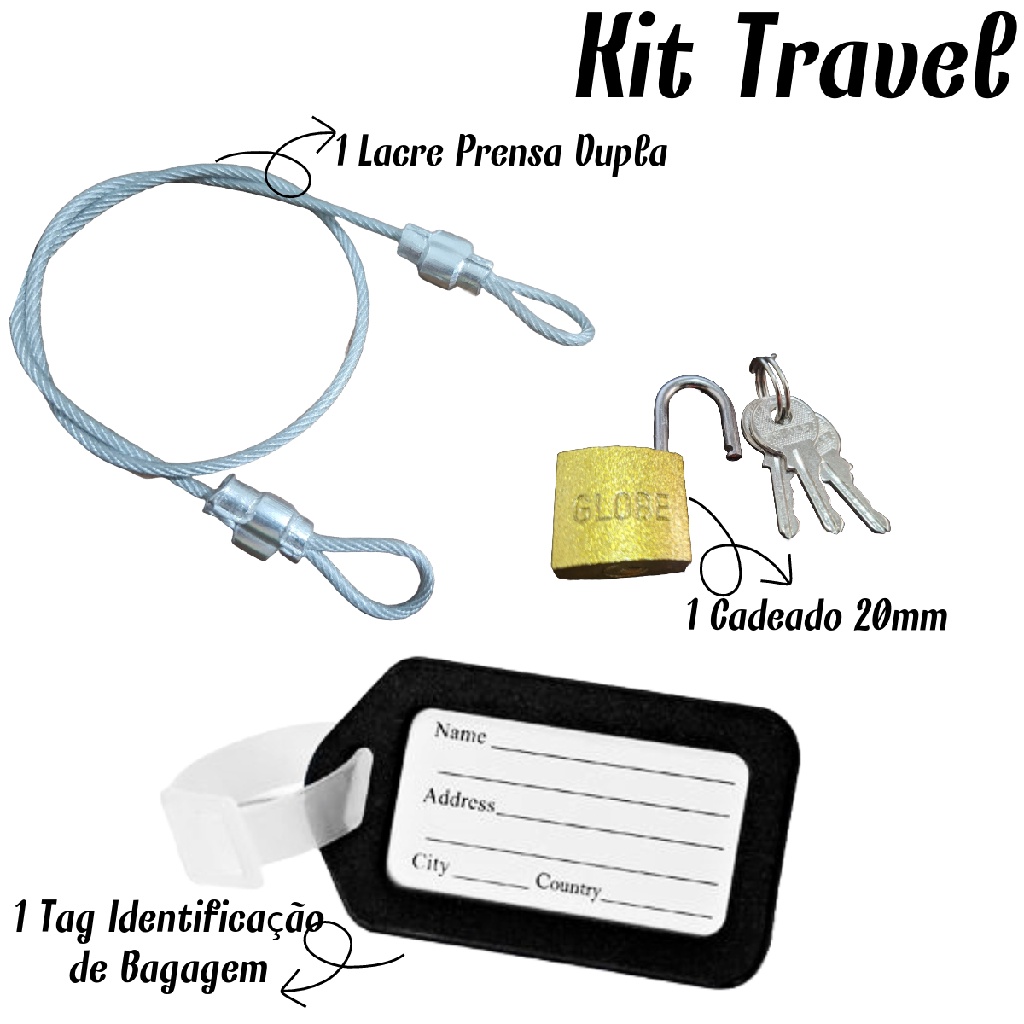 Kit Travel 1 Lacre de Mala em Aço 35cm + 1 Cadeado 20mm + 1 Tag Identifica