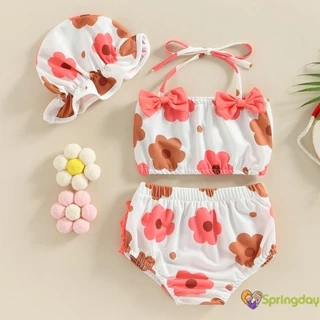 Conjunto De Biquíni Infantil Com Estampa Floral Para Meninas , 3 Peças , Maiô Touca De Banho