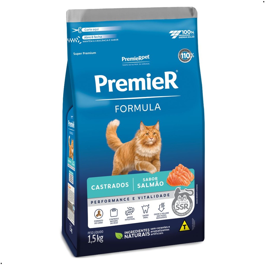 Ração Premier Formula Gato Castrado Alimento Sabor Salmão 1,5Kg Super ...