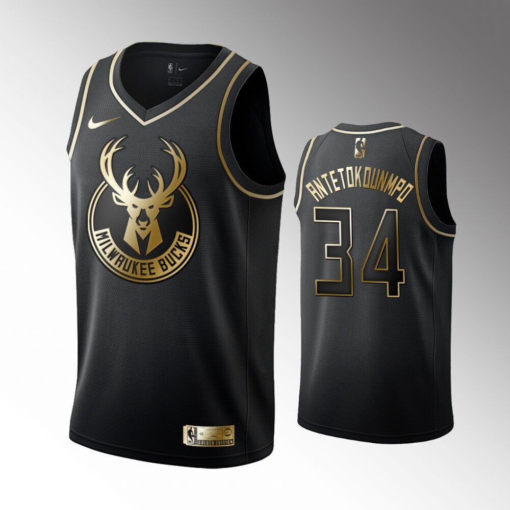 Milwaukee Bucks # 34 Giannis Antetokounmpo NBA Basquetebol Jersey Masculino Preto Dourado Nome E Número Personalizado Camisa De Sublimação Seca Rápida
