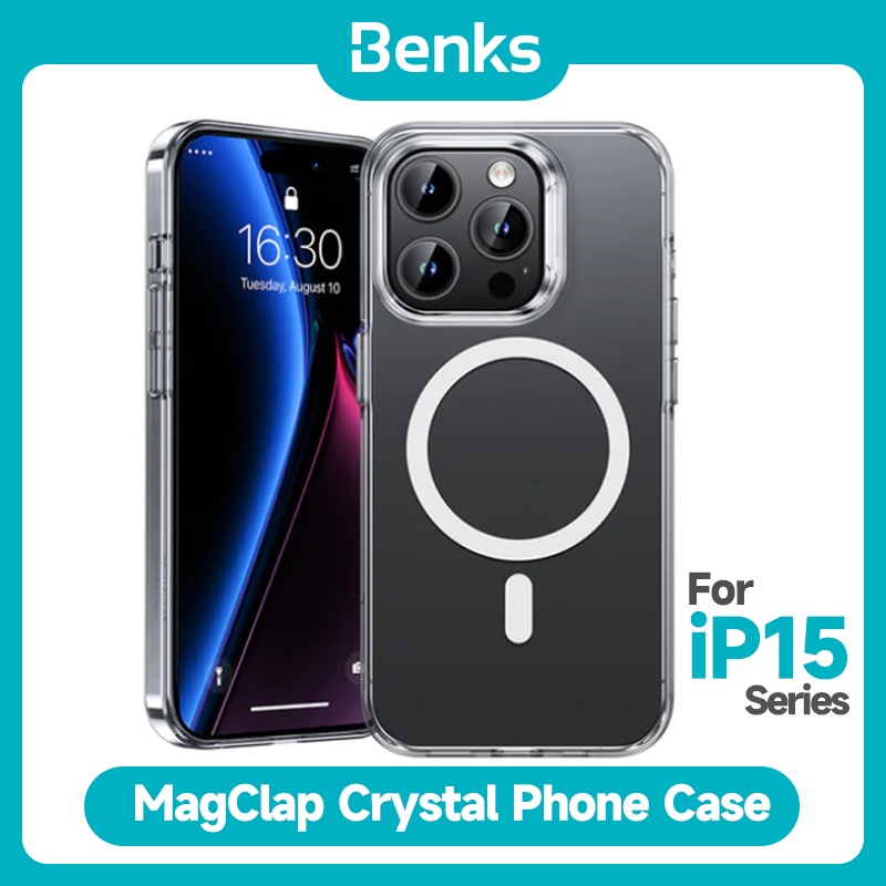 [Benks Oficial] MagClap Crystal Phone Case Para IPhone 15 Plus Pro Max Metal Button Proteção Com Tudo Incluído Caixa Transparente