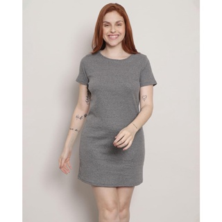 Vestido Feminino Manga Curta Canelado Curto Cinza