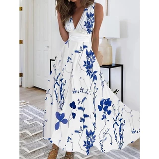 Elegante Vestido Longo Sexy De Pescoço Em V Profundo Para Mulheres 2023 Summer Sleeveless Casual Bohemian Print Beach Holiday Maxi