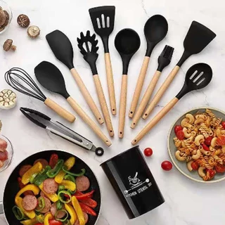 Jogo Kit 12 Peças Utensílios De Cozinha De Silicone Cabo Madeira Decoração Livre BPA em Oferta na Shopee