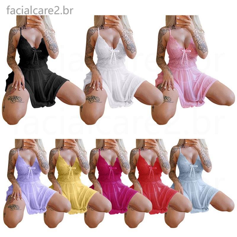 Roupa De Noite Feminina De Renda Vestido Em V Sexy Esparguete Com Pescoço