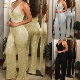 Mulheres Macacão Com Lantejoulas Sequined Esparguete De Verão Sem Costas V Ombro Uma Peça Para Namoro