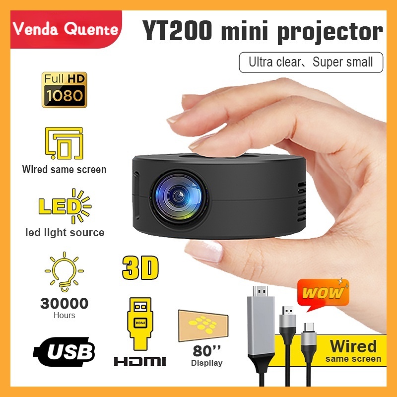 Mini Projetor Portátil YT200 Suporta Unidade Flash USB HDMI , Espelhamento Celular , Imagem Da Tela