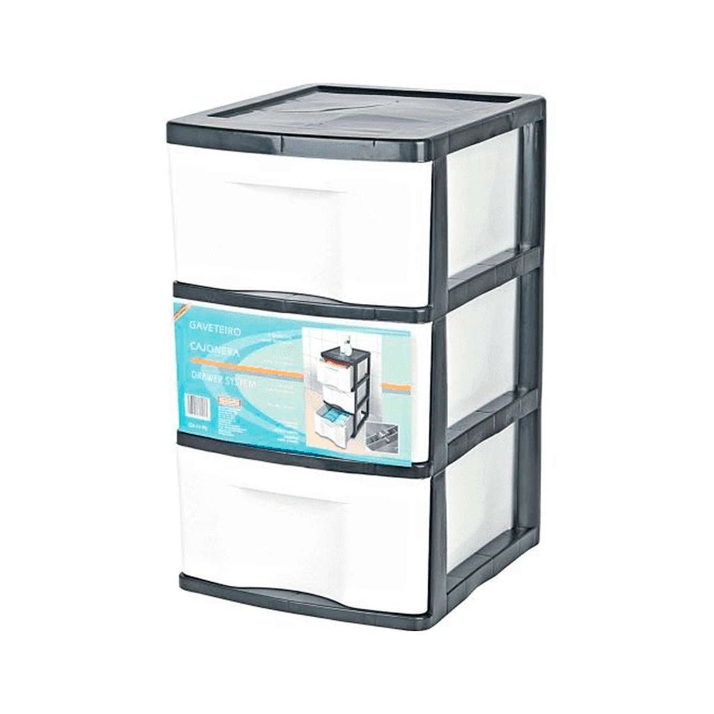 Gaveteiro de Chão São Bernardo com 3 Gavetas Plástico 33x38x56cm Preto e Branco