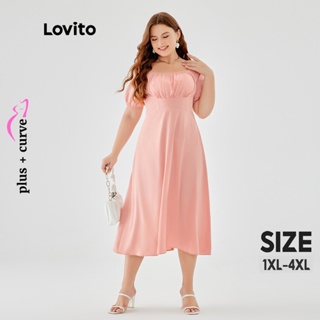 Lovito Curvas Plus Size Vestido Feminino Casual Liso Franzido Bata com Manga Bufante LPS09064 (Rosa/Preto)