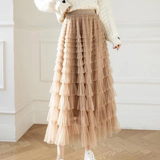 Qooth Outono coreano estilo Puffy Cake moda vintage tule de cintura alta saia de malha QT1989