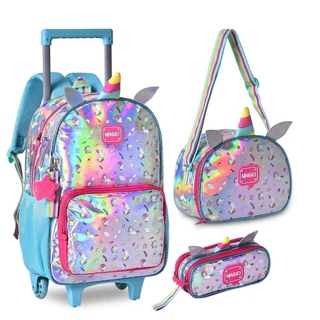 Mochila De Rodinhas Unicornio Holografico + Lancheira e Estojo Escolar - Clio