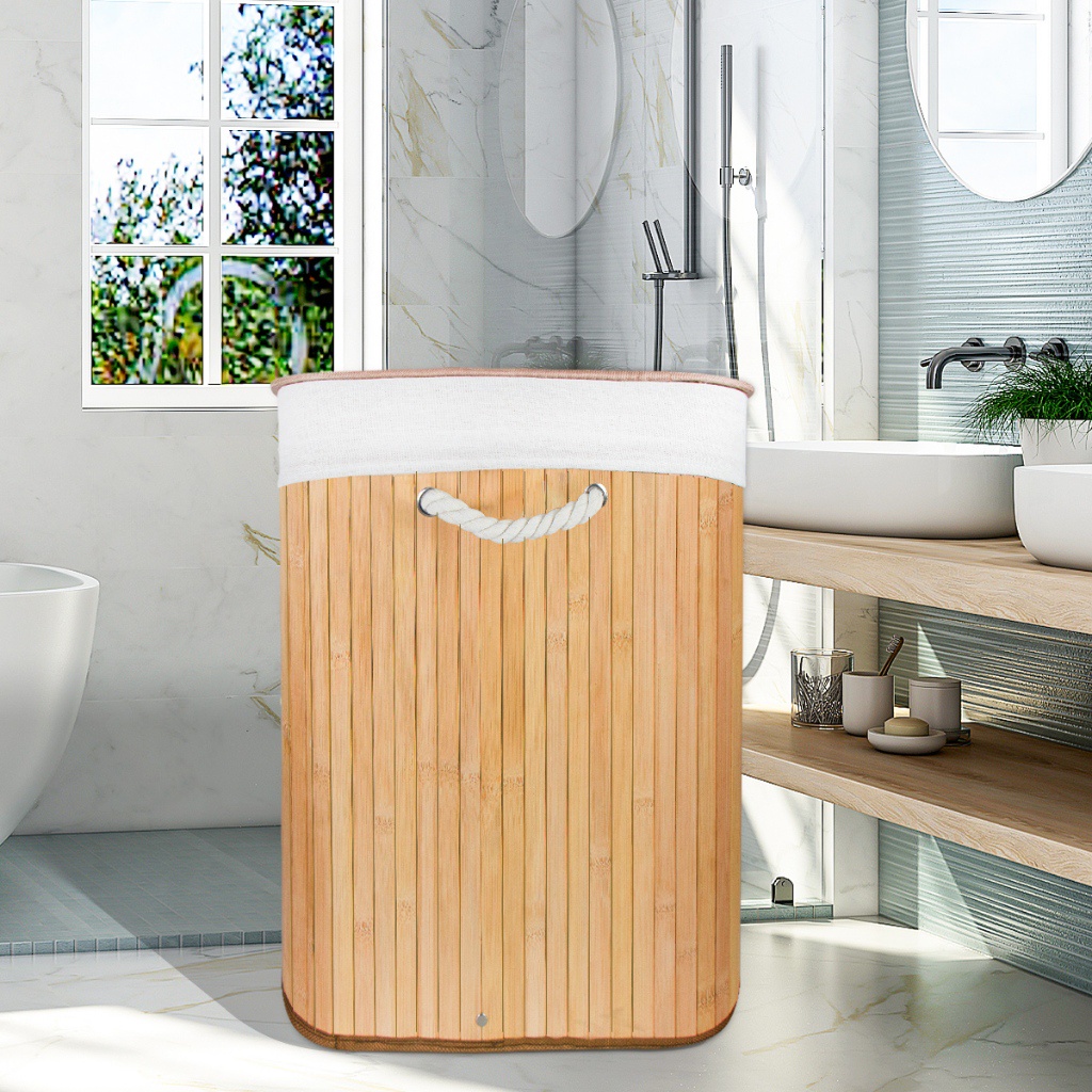 Cesto de Bambu Claro com Tampa para Roupas Sujas. Ideal para Lavanderia, Área de Serviço, Banheiro e Quarto. Forro Removível com Aro de Aço para Fixação, Dobrável, Alça de Corda Macia