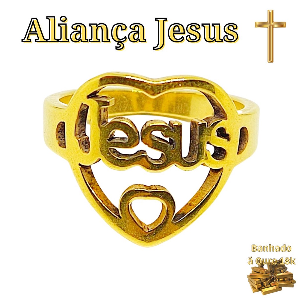Aliança Fé Bíblico Anel Feminino Jesus Cristo No Coração Banhada Ouro ...